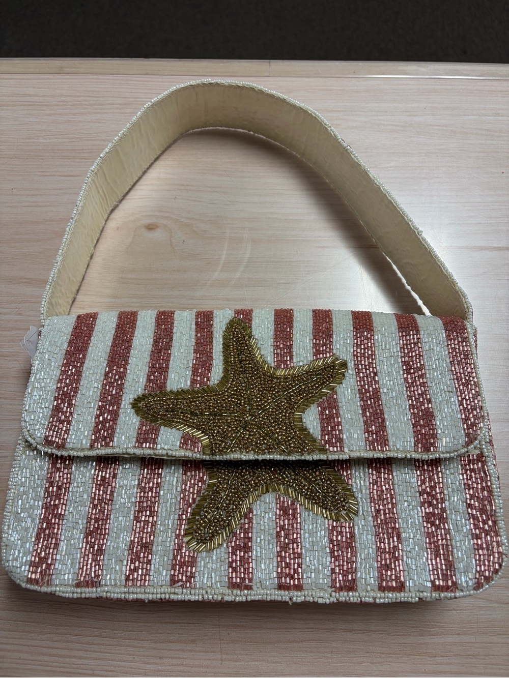Beaded Starfish Stripe Shoulder Bag in Cream and Copper